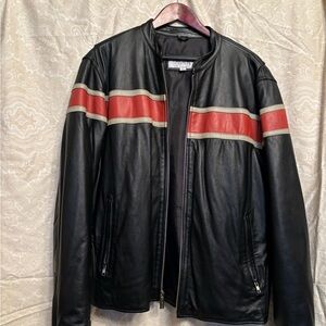 Black Leather Jacket with Red and White Stripes